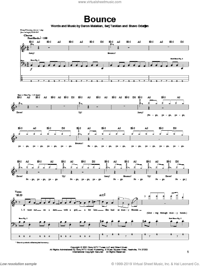 Bounce sheet music for bass (tablature) (bass guitar) by System Of A Down, Daron Malakian, Serj Tankian and Shavo Odadjian, intermediate skill level