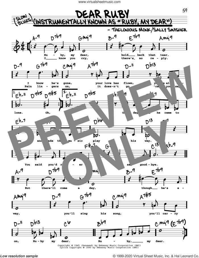 Dear Ruby (High Voice) sheet music for voice and other instruments (high voice) by Thelonious Monk and Sally Swisher, intermediate skill level