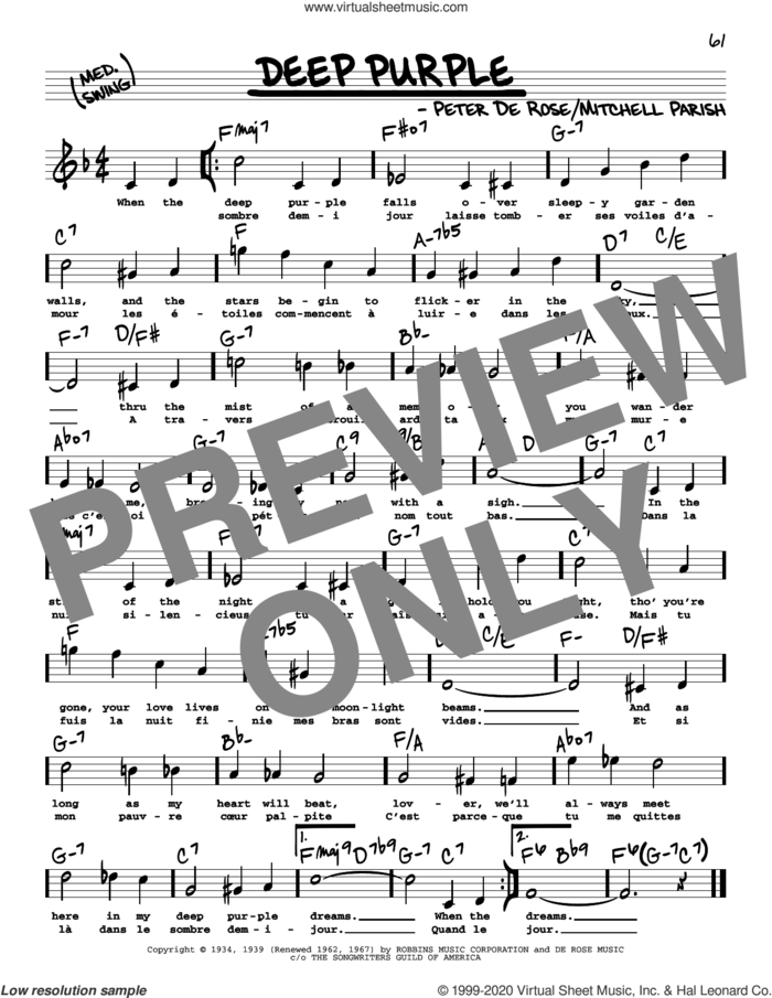 Deep Purple (High Voice) sheet music for voice and other instruments (high voice) by Mitchell Parish, Nino Tempo & April Stevens and Peter DeRose, intermediate skill level