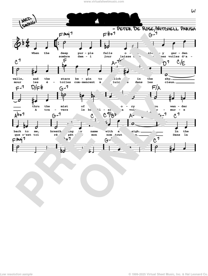 Deep Purple (High Voice) sheet music for voice and other instruments (high voice) by Mitchell Parish, Nino Tempo & April Stevens and Peter DeRose, intermediate skill level