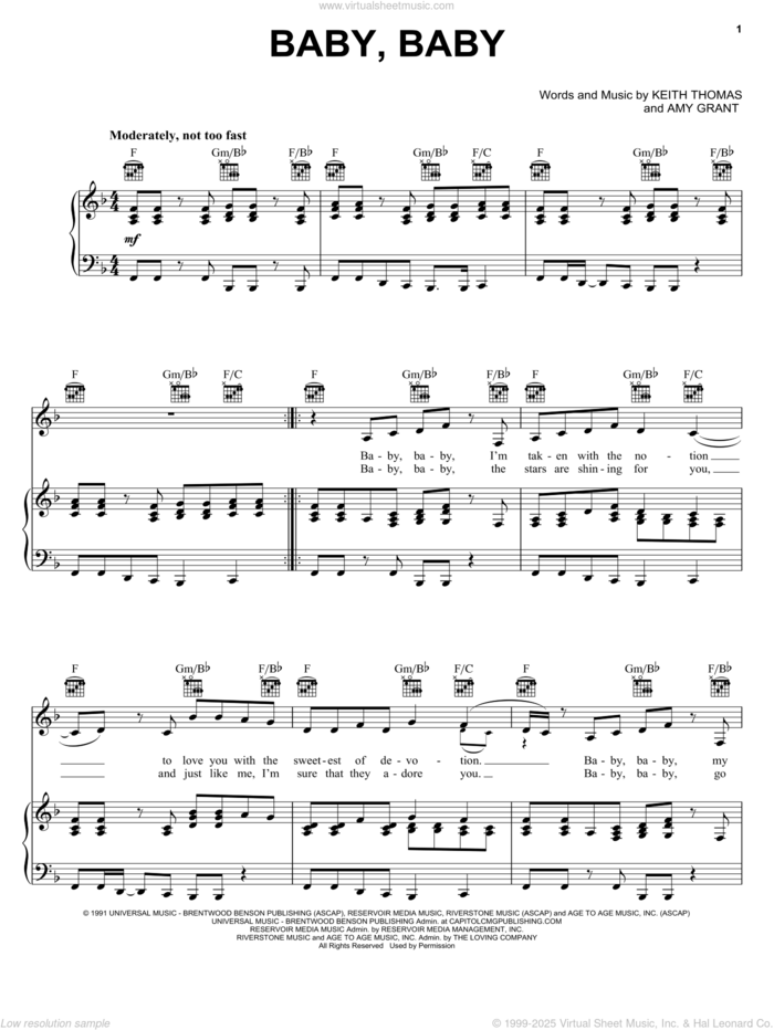 Baby Baby sheet music for voice, piano or guitar by Amy Grant and Keith Thomas, intermediate skill level