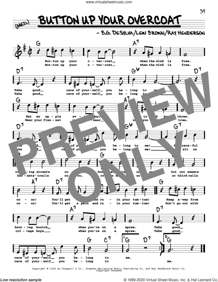 Button Up Your Overcoat (High Voice) (from Follow Thru) sheet music for voice and other instruments (high voice) by Buddy DeSylva, Lew Brown and Ray Henderson, intermediate skill level