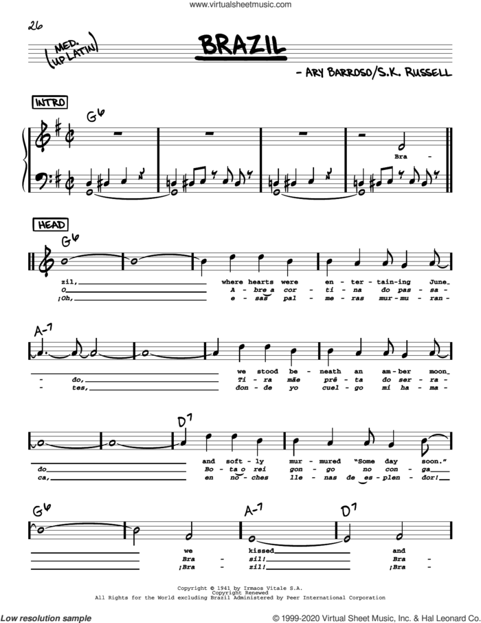 Brazil (High Voice) sheet music for voice and other instruments (high voice) by The Ritchie Family, Ary Barroso and S.K. Russell, intermediate skill level