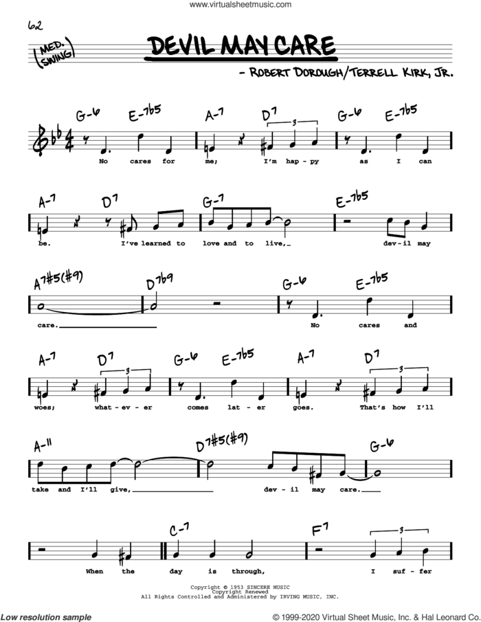 Devil May Care (High Voice) sheet music for voice and other instruments (high voice) by Bob Dorough and Terrell Kirk, Jr., intermediate skill level