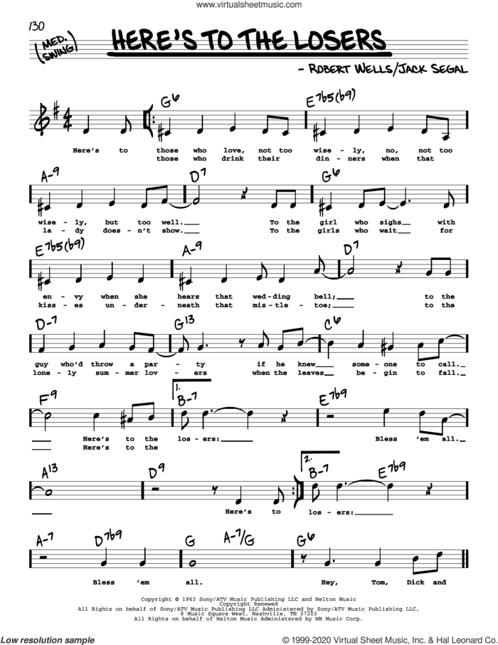 Here's To The Losers (High Voice) sheet music for voice and other instruments (high voice) by Robert Wells and Jack Segal, intermediate skill level
