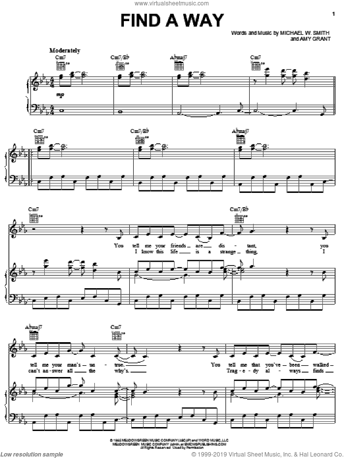 Find A Way sheet music for voice, piano or guitar by Amy Grant and Michael W. Smith, intermediate skill level