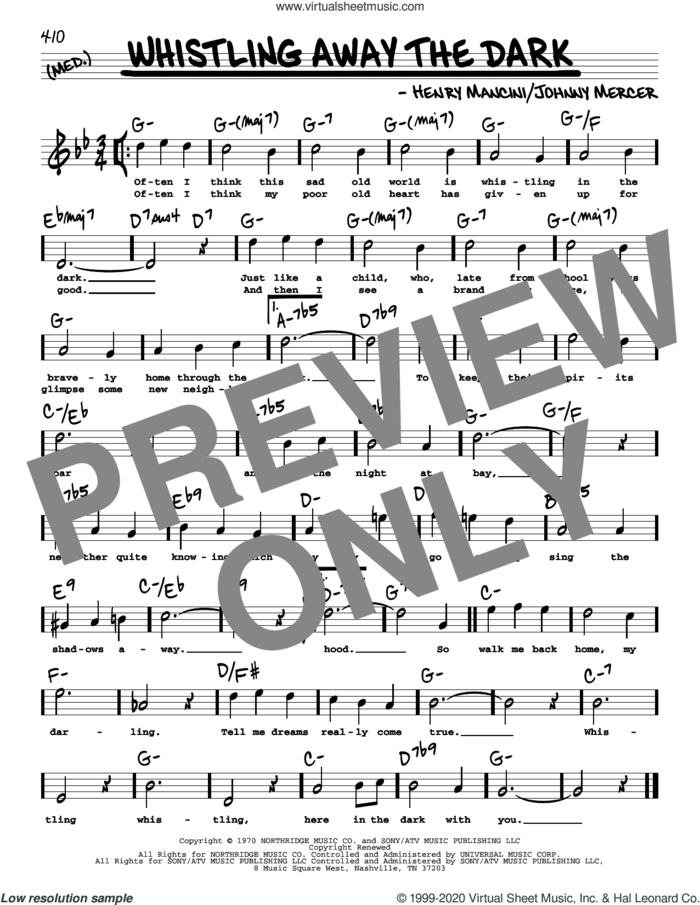Whistling Away The Dark (High Voice) sheet music for voice and other instruments (high voice) by Johnny Mercer and Henry Mancini, intermediate skill level