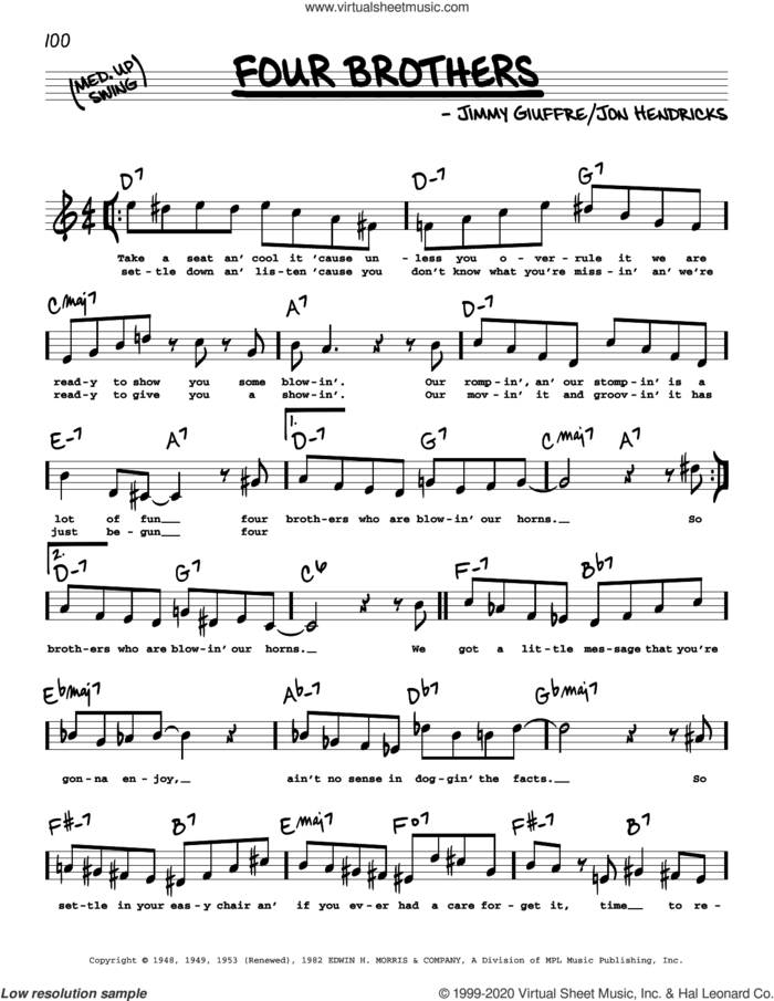 Four Brothers (High Voice) sheet music for voice and other instruments (high voice) by Jon Hendricks and Jimmy Giuffre, intermediate skill level