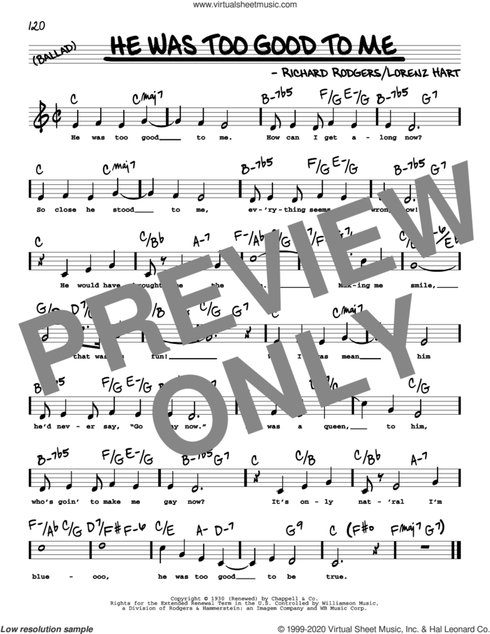 He Was Too Good To Me (High Voice) sheet music for voice and other instruments (high voice) by Richard Rodgers, Lorenz Hart and Rodgers & Hart, intermediate skill level