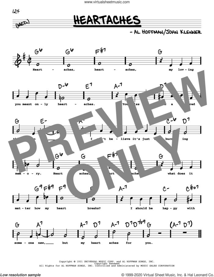 Heartaches (High Voice) sheet music for voice and other instruments (high voice) by Patsy Cline, Ted Weems, Al Hoffman and John Klenner, intermediate skill level