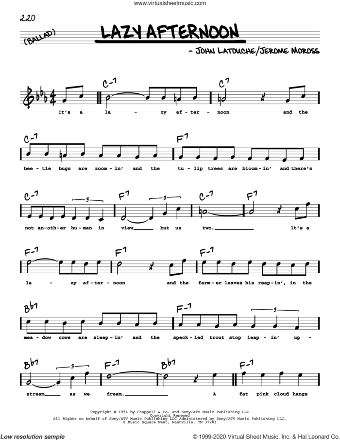 Lazy Afternoon (High Voice) (from The Golden Apple) sheet music for voice and other instruments (high voice) by Jerome Moross and John Latouche, intermediate skill level