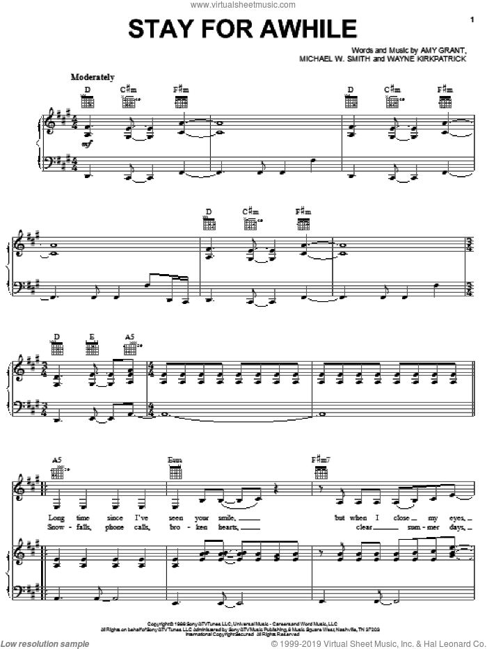 Stay For Awhile sheet music for voice, piano or guitar by Amy Grant, Amy Grant Chapman, Michael W. Smith and Wayne Kirkpatrick, intermediate skill level