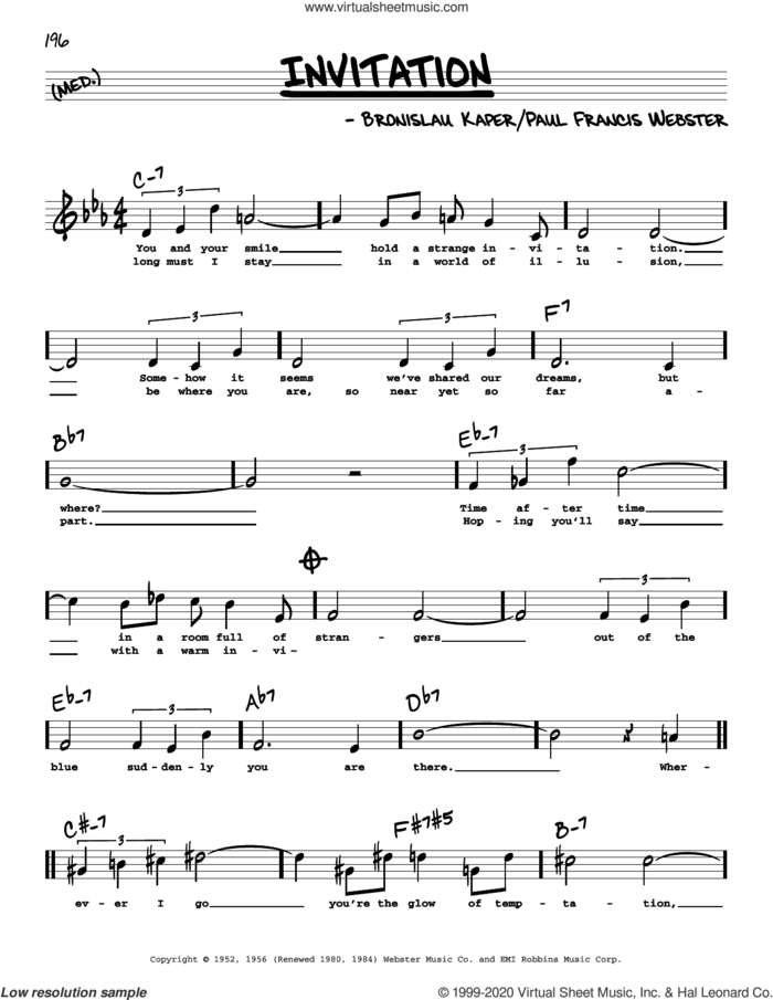 Invitation (High Voice) sheet music for voice and other instruments (high voice) by Paul Francis Webster and Bronislau Kaper, intermediate skill level