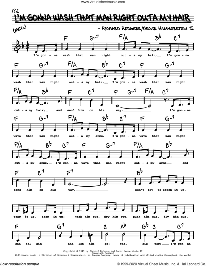 I'm Gonna Wash That Man Right Outa My Hair (High Voice) (from South Pacific) sheet music for voice and other instruments (high voice) by Richard Rodgers, Oscar II Hammerstein and Rodgers & Hammerstein, intermediate skill level