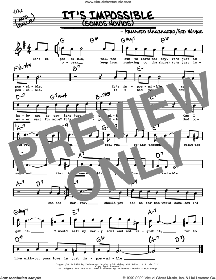 It's Impossible (Somos Novios) (High Voice) sheet music for voice and other instruments (high voice) by Elvis Presley, Perry Como, Armando Manzanero and Sid Wayne, intermediate skill level