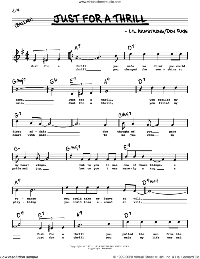 Just For A Thrill (High Voice) sheet music for voice and other instruments (high voice) by Don Raye and Lillian Hardin Armstrong, intermediate skill level