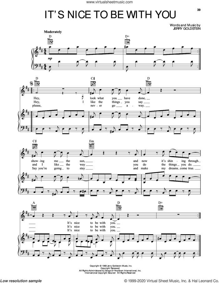 It's Nice To Be With You sheet music for voice, piano or guitar by The Monkees and Jerry Goldstein, intermediate skill level