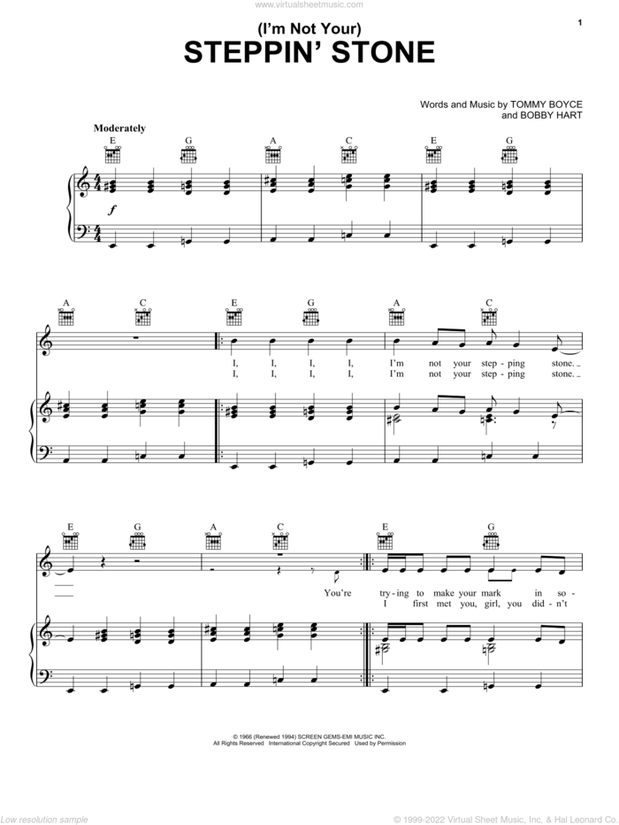 (I'm Not Your) Steppin' Stone sheet music for voice, piano or guitar by The Monkees, Bobby Hart and Tommy Boyce, intermediate skill level
