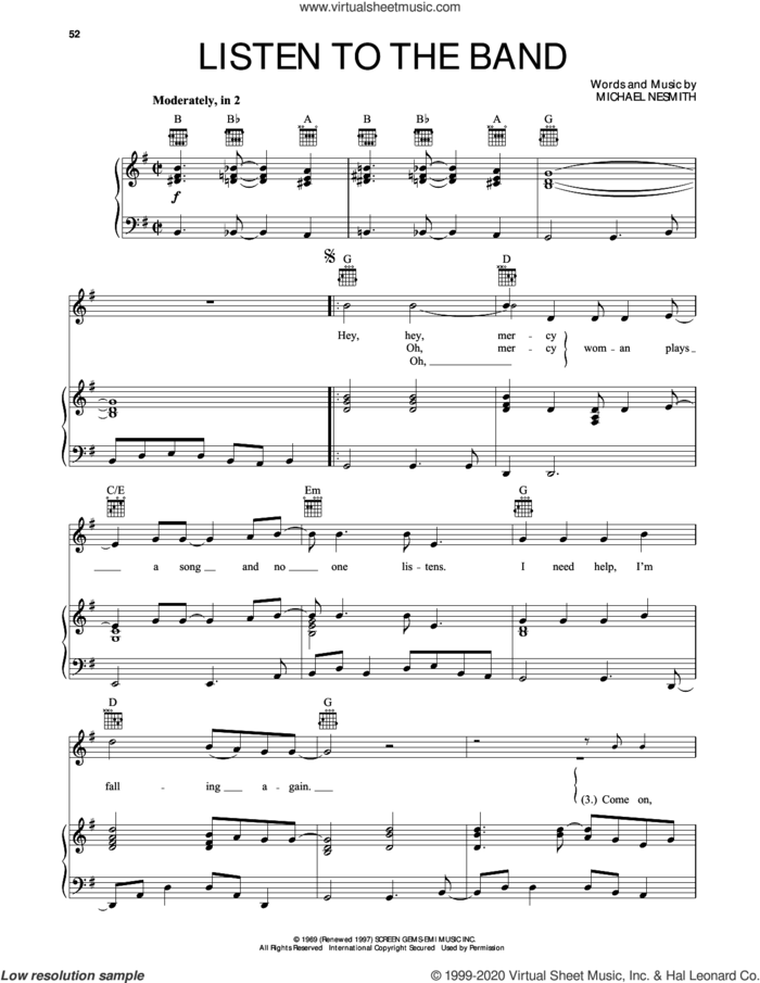 Listen To The Band sheet music for voice, piano or guitar by The Monkees and Michael Nesmith, intermediate skill level