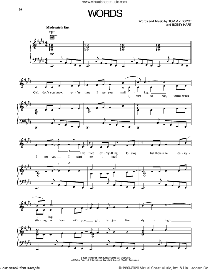 Words sheet music for voice, piano or guitar by The Monkees, Bobby Hart and Tommy Boyce, intermediate skill level