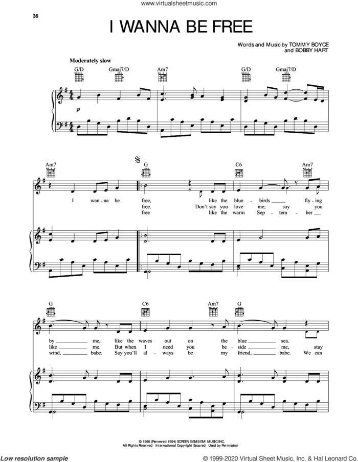 I Wanna Be Free sheet music for voice, piano or guitar by The Monkees, Bobby Hart and Tommy Boyce, intermediate skill level