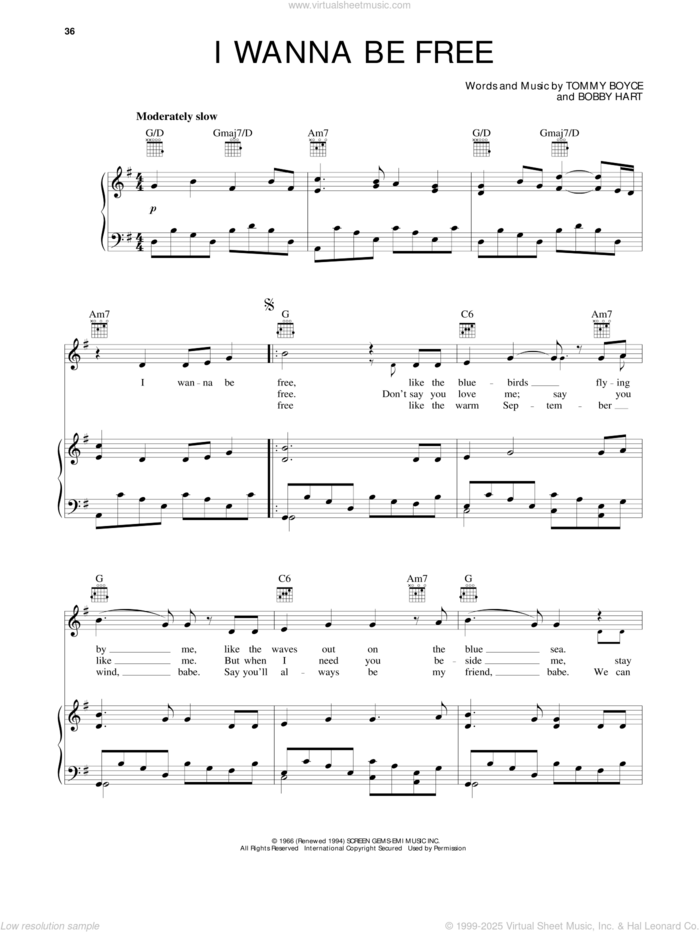 I Wanna Be Free sheet music for voice, piano or guitar by The Monkees, Bobby Hart and Tommy Boyce, intermediate skill level