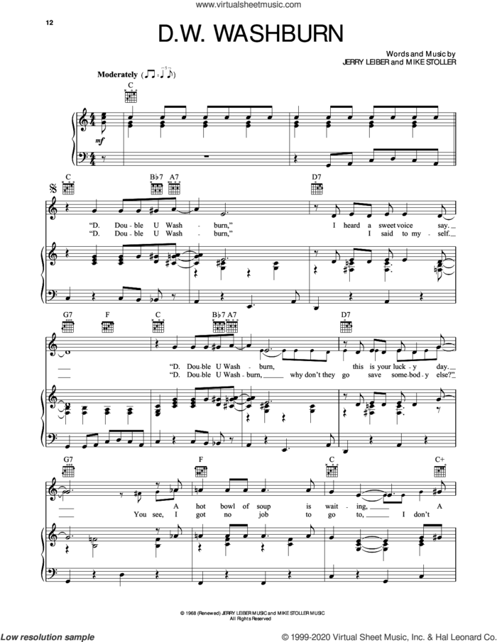 D.W. Washburn sheet music for voice, piano or guitar by The Monkees, Jerry Leiber and Mike Stoller, intermediate skill level