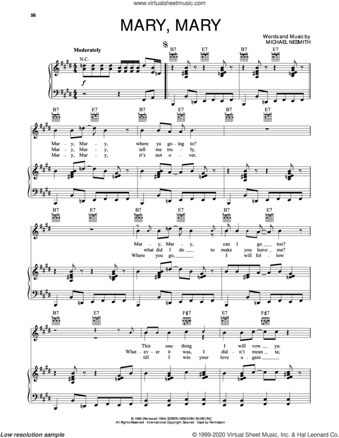 Mary, Mary sheet music for voice, piano or guitar by The Monkees and Michael Nesmith, intermediate skill level