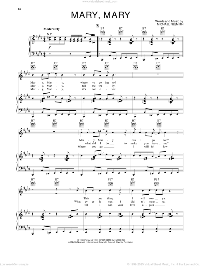 Mary, Mary sheet music for voice, piano or guitar by The Monkees and Michael Nesmith, intermediate skill level