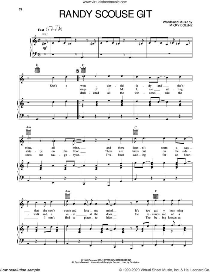 Randy Scouse Git sheet music for voice, piano or guitar by The Monkees and Micky Dolenz, intermediate skill level