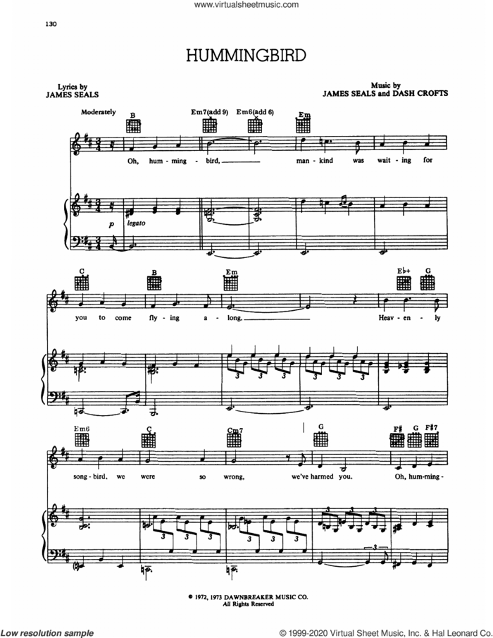 Hummingbird sheet music for voice and piano by Seals and Crofts, Dash Crofts and James Seals, intermediate skill level