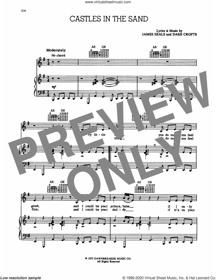 Castles In The Sand sheet music for voice and piano by Seals and Crofts, Dash Crofts and James Seals, intermediate skill level