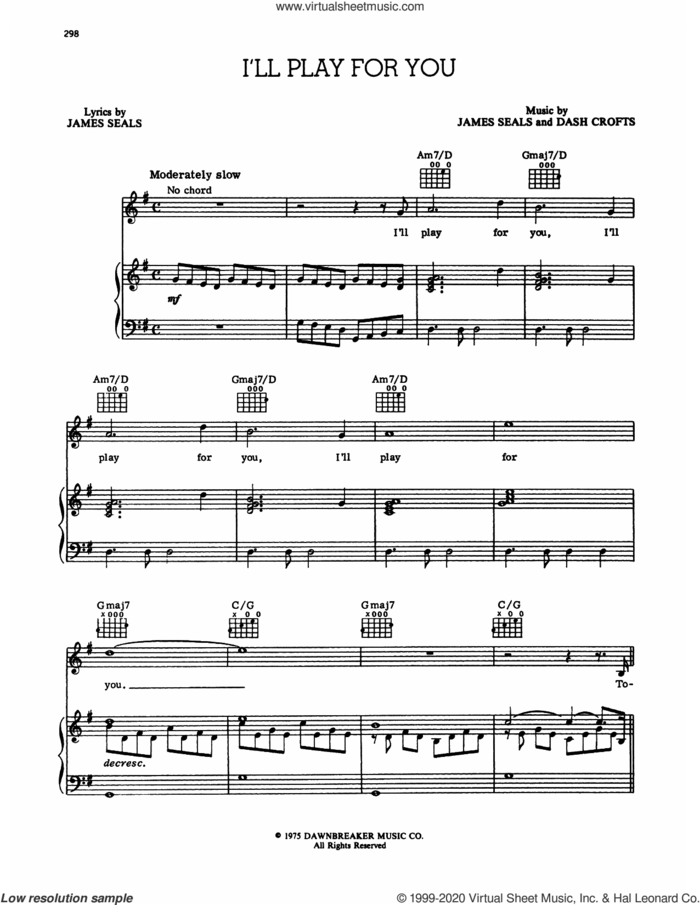 I'll Play For You sheet music for voice and piano by Seals and Crofts, Dash Crofts and James Seals, intermediate skill level