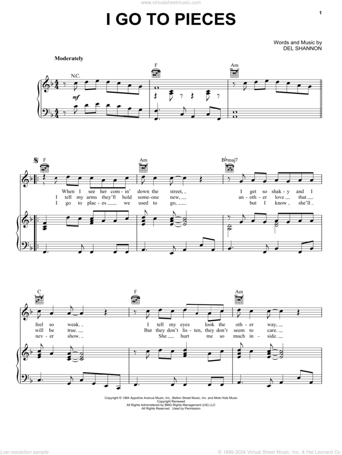 I Go To Pieces sheet music for voice, piano or guitar by Peter & Gordon and Del Shannon, intermediate skill level