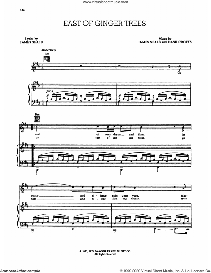 East Of Ginger Trees sheet music for voice and piano by Seals and Crofts, Dash Crofts and James Seals, intermediate skill level