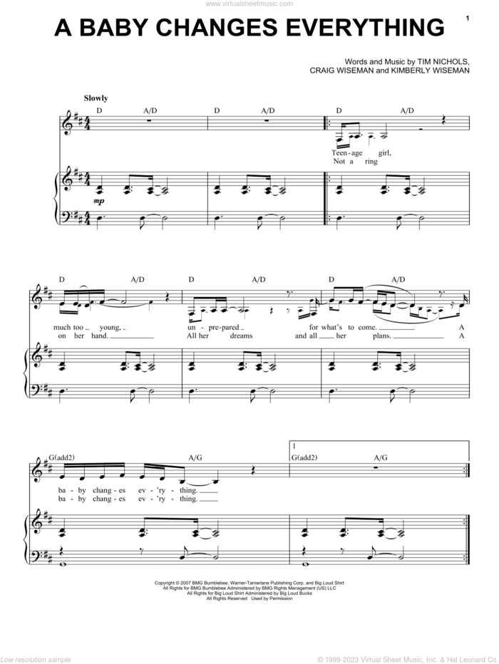 A Baby Changes Everything sheet music for voice and piano by Faith Hill, Craig Wiseman, Kimberly Wiseman and Tim Nichols, intermediate skill level