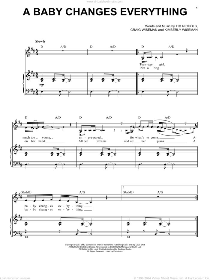 A Baby Changes Everything sheet music for voice and piano by Faith Hill, Craig Wiseman, Kimberly Wiseman and Tim Nichols, intermediate skill level