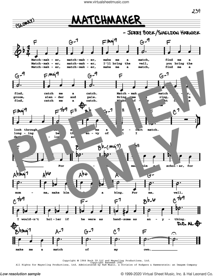 Matchmaker (High Voice) (from Fiddler On The Roof) sheet music for voice and other instruments (high voice) by Sheldon Harnick and Jerry Bock, intermediate skill level