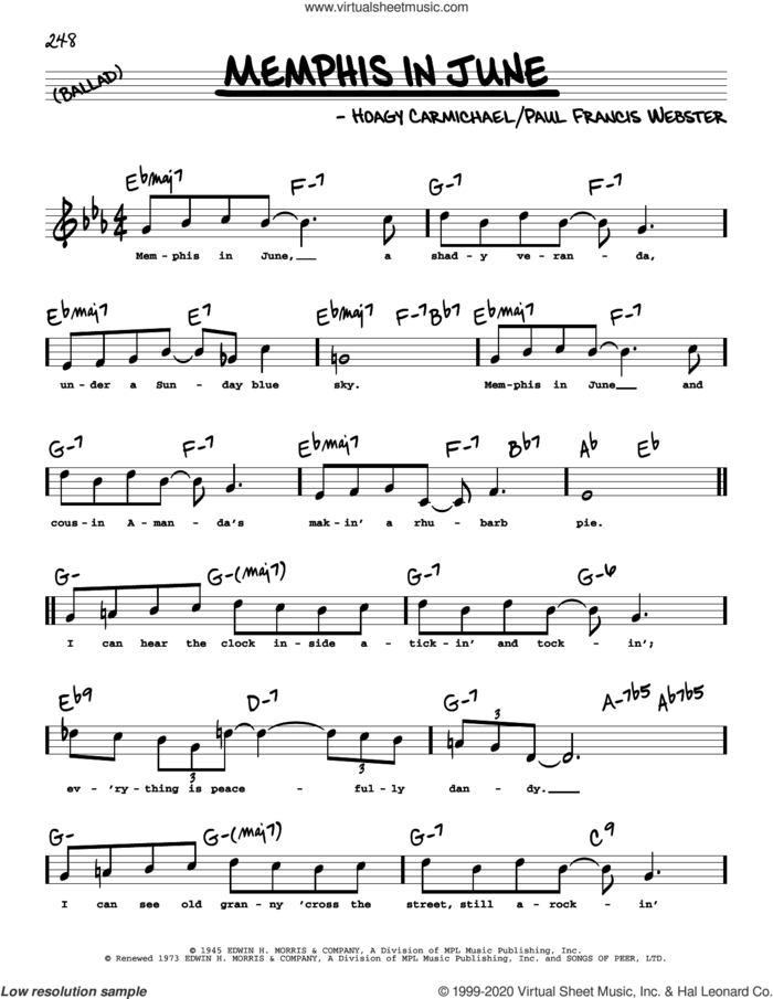 Memphis In June (High Voice) (from Johnny Angel) sheet music for voice and other instruments (high voice) by Hoagy Carmichael, Paul Francis Webster and Paul Francis Webster and Hoagy Carmichael, intermediate skill level