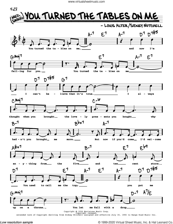 You Turned The Tables On Me (High Voice) sheet music for voice and other instruments (high voice) by Louis Alter, Louis Alter and Sidney D. Mitchell and Sidney D. Mitchell, intermediate skill level