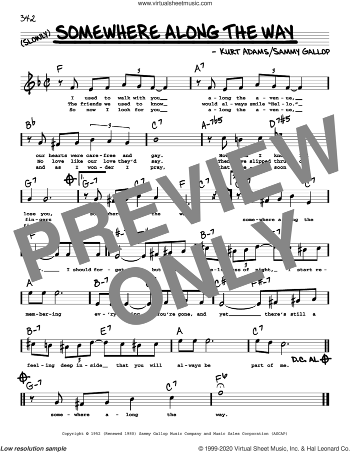 Somewhere Along The Way (High Voice) sheet music for voice and other instruments (high voice) by Frank Sinatra, Steve Lawrence, Kurt Adams and Sammy Gallop, intermediate skill level