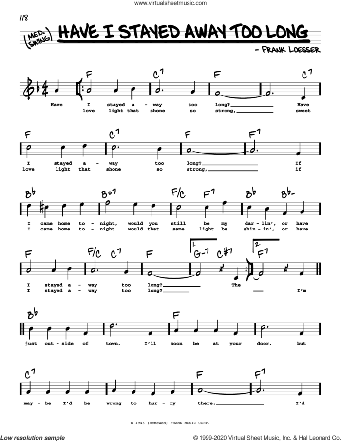 Have I Stayed Away Too Long (High Voice) sheet music for voice and other instruments (high voice) by Frank Loesser, intermediate skill level