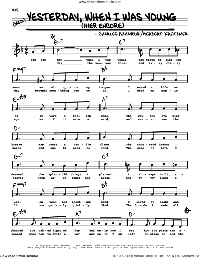 Yesterday, When I Was Young (Hier Encore) (High Voice) sheet music for voice and other instruments (high voice) by Roy Clark, Charles Aznavour and Herbert Kretzmer, intermediate skill level
