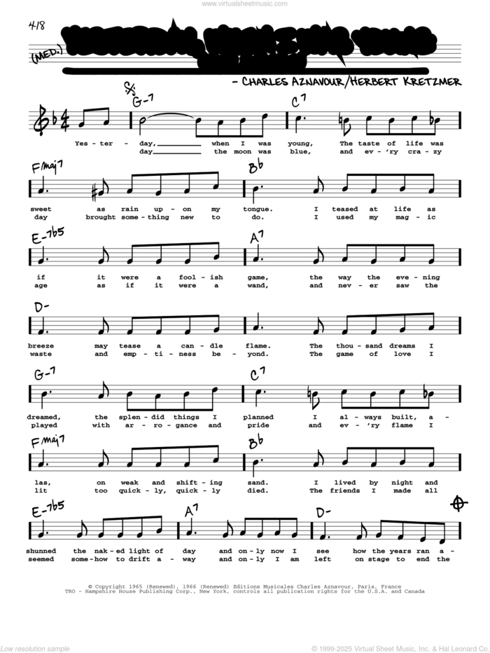 Yesterday, When I Was Young (Hier Encore) (High Voice) sheet music for voice and other instruments (high voice) by Roy Clark, Charles Aznavour and Herbert Kretzmer, intermediate skill level