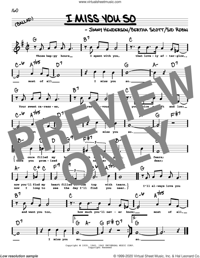 I Miss You So (High Voice) sheet music for voice and other instruments (high voice) by Jimmy Henderson, Bertha Scott and Sid Robin, intermediate skill level