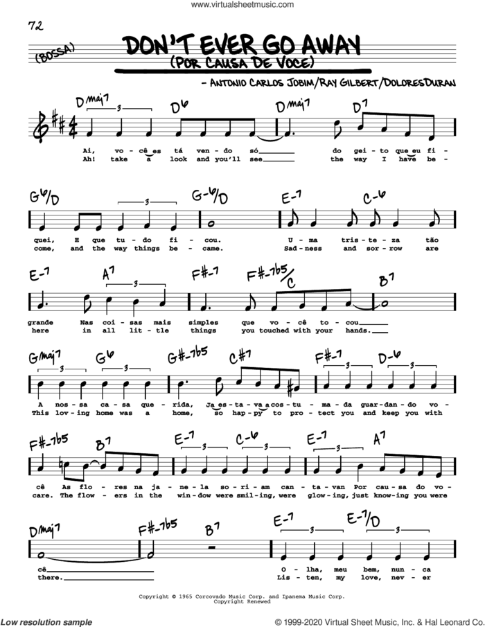 Don't Ever Go Away (Por Causa De Voce) (High Voice) sheet music for voice and other instruments (high voice) by Antonio Carlos Jobim, Dolores Duran and Ray Gilbert, intermediate skill level