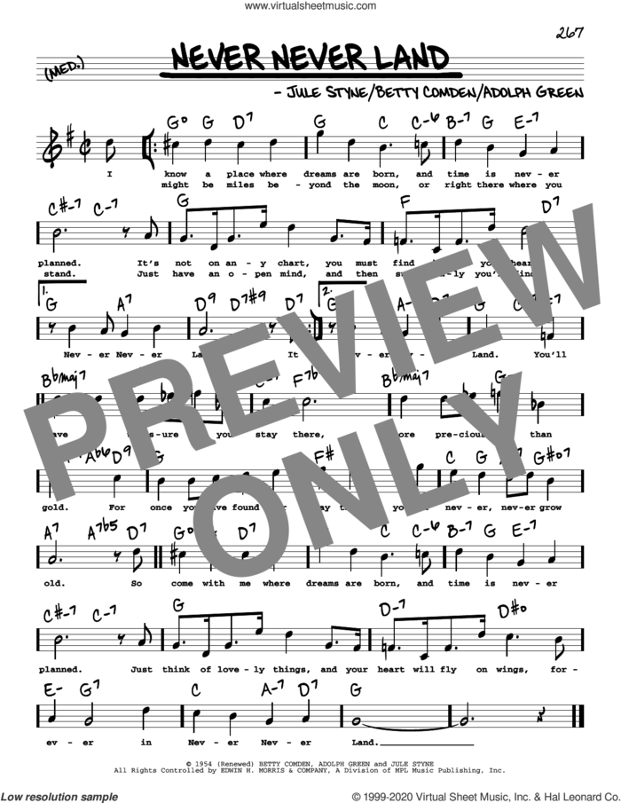 Never Never Land (High Voice) (from Peter Pan) sheet music for voice and other instruments (high voice) by Betty Comden, Adolph Green and Jule Styne, intermediate skill level