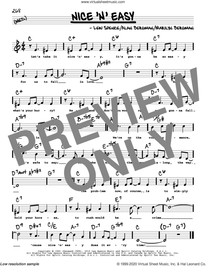 Nice 'n' Easy (High Voice) sheet music for voice and other instruments (high voice) by Frank Sinatra, Barbra Streisand, Alan Bergman, Lew Spence and Marilyn Bergman, intermediate skill level
