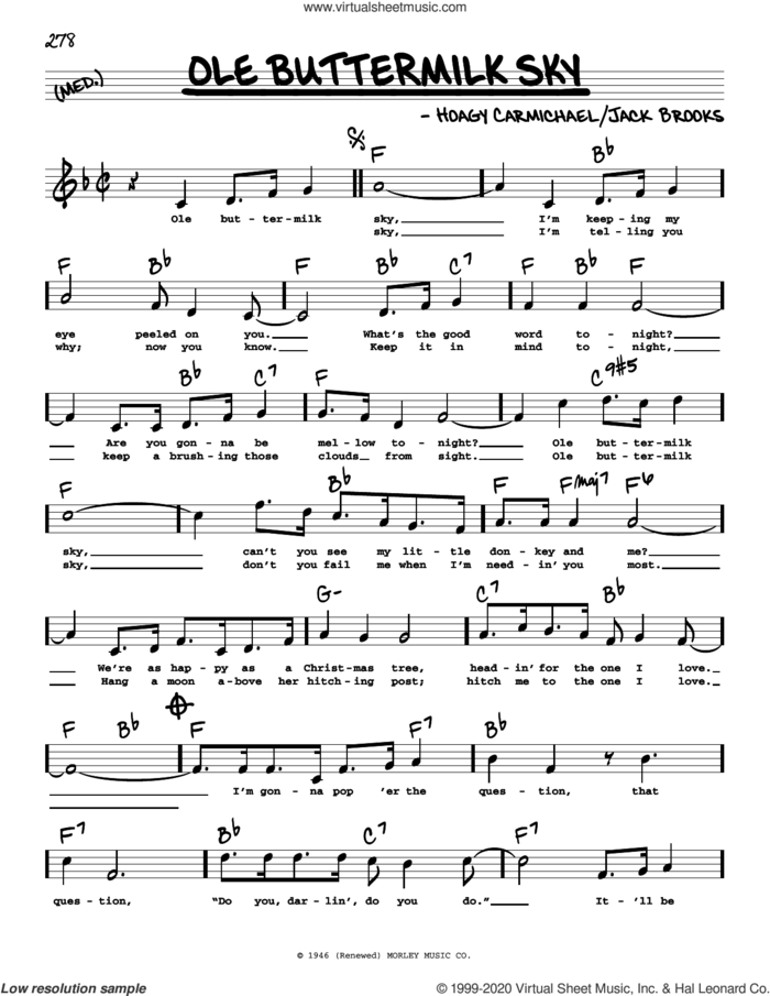 Ole Buttermilk Sky (High Voice) (from Canyon Passage) sheet music for voice and other instruments (high voice) by Hoagy Carmichael and Jack Brooks, intermediate skill level