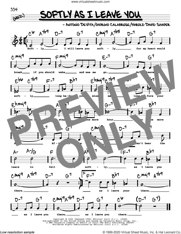 Softly As I Leave You (High Voice) sheet music for voice and other instruments (high voice) by Elvis Presley, Frank Sinatra, Antonio DeVita, Giorgio Calabrese and Harold David Shaper, intermediate skill level